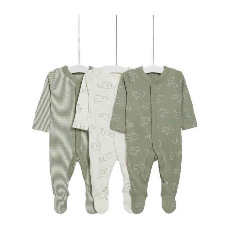 Marks & Spencer 3pk Pure Cotton Whale & Striped Sleepsuits - MSP4526S-T92